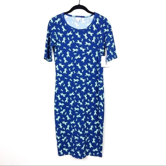NWT LuLaRoe Blue Unicorn Printed T-Shirt Dress XS - Picture 1 of 8